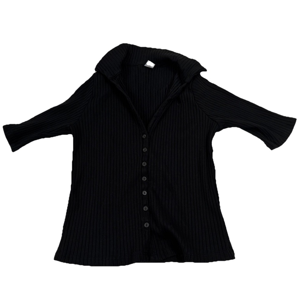 Old Navy Womens M Black Ribbed Button Down Cardigan Sweater 3/4 Sleeve Collared